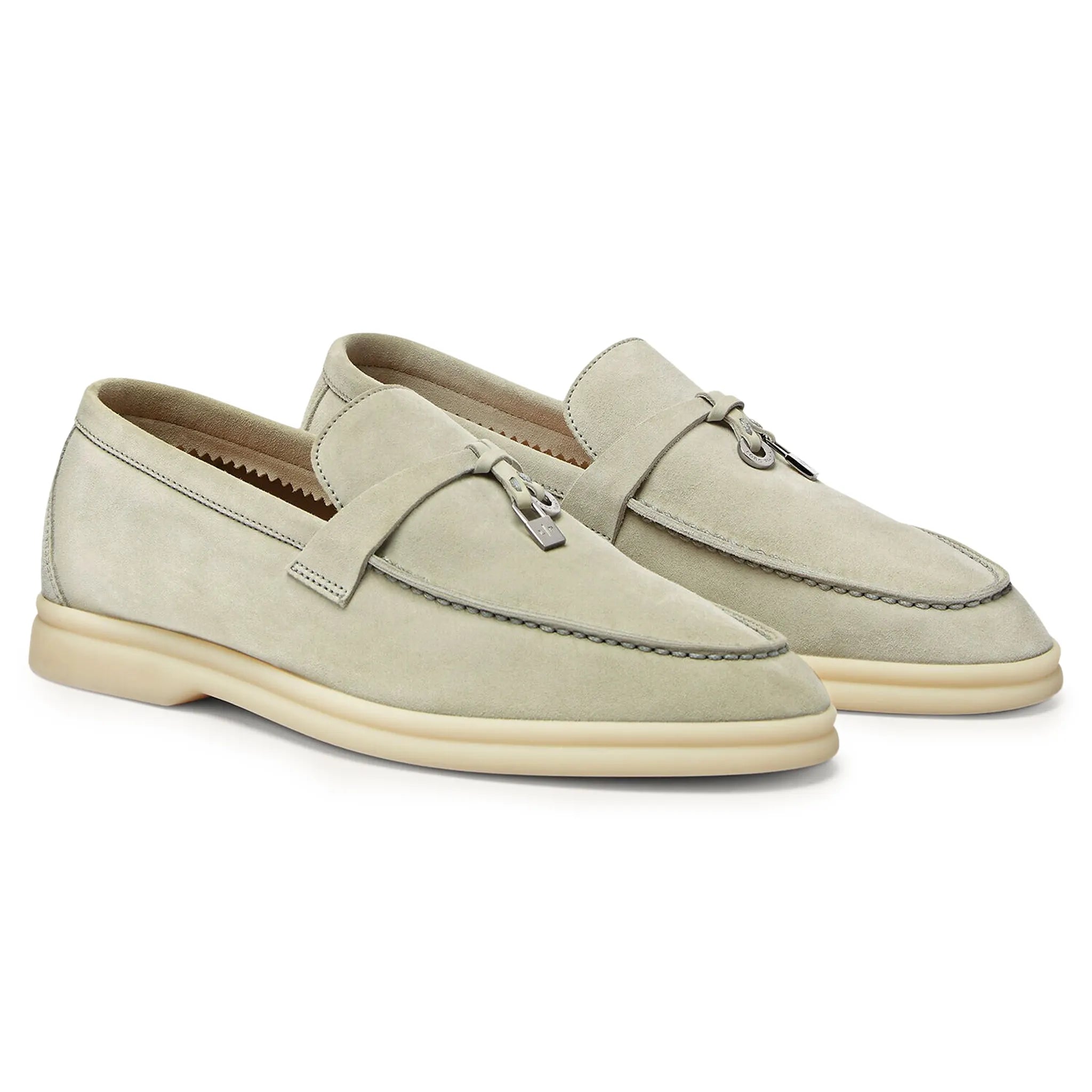 Front side view of Loro Piana Summer Charms Suede Deep Ice Loafers
